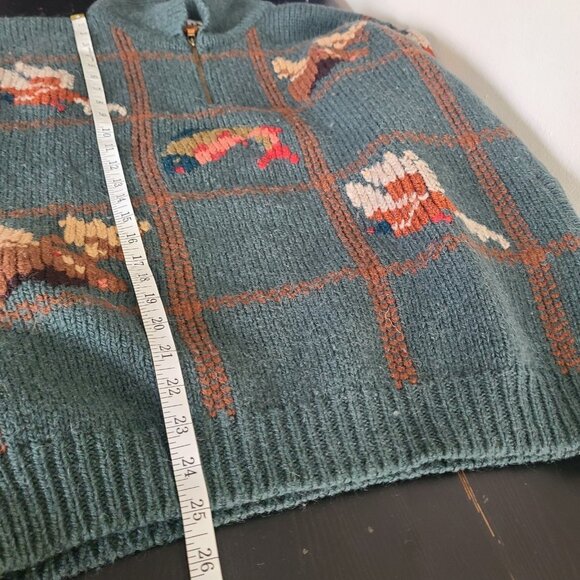 Vintage L.L.Bean 90s Animal Pattern Half-Zip Sweater Knit Size L Green - Picture 4 of 9